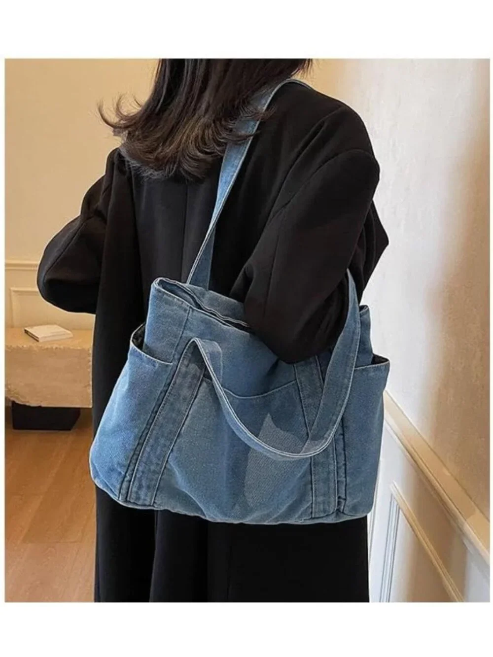 Stylish Light Blue Denim Tote Bag, Multi-Pocket Canvas Handbag for Women